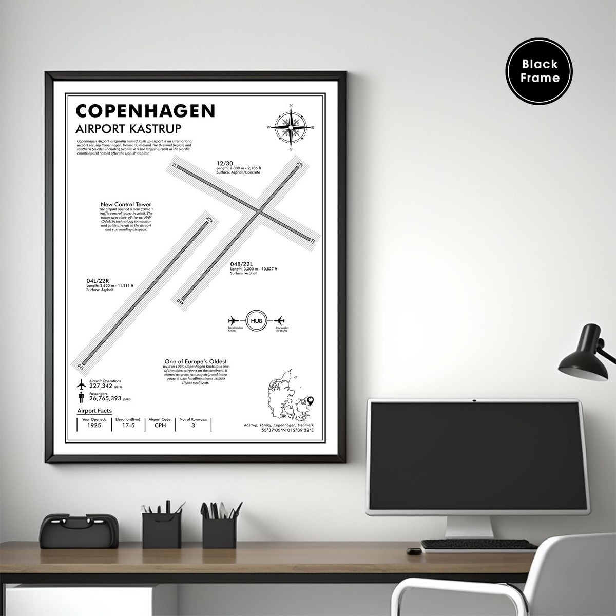 CPH, Copenhagen International Airport, Airport Map Art, Airport