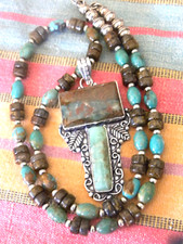 Collana Pendente Royston Turchese Bronzite Sterling Navajo Perle Panca 19"