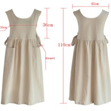 Women Cotton Apron Pinafore Dress Side Lace Up Pockets Kitchen Cooking Workwear