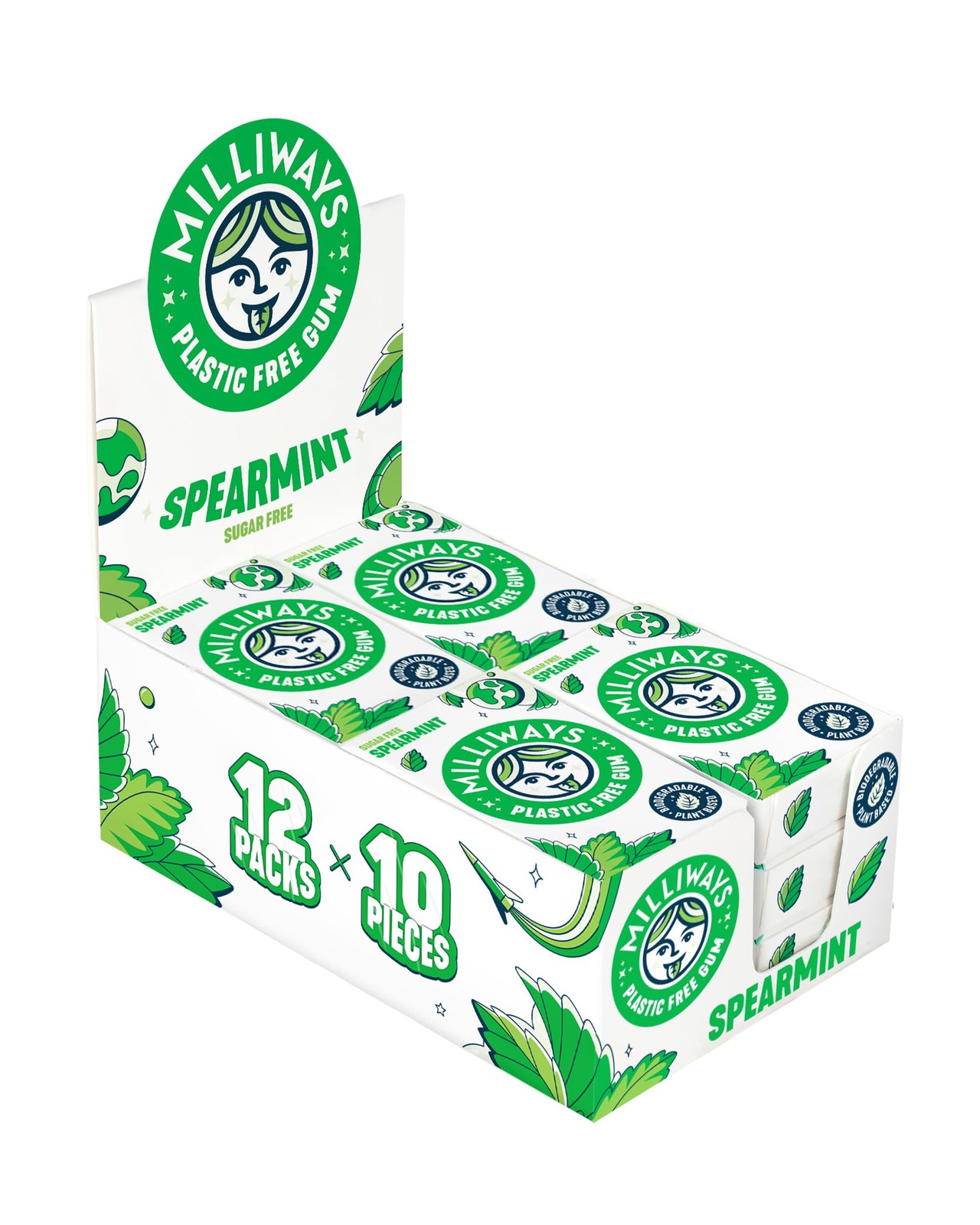 Milliways Spearmint Chewing Gum, Plastic Free, 10 count (Pack of 12), Green