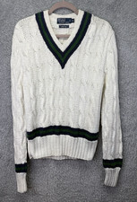 Vtg Polo Ralph Lauren Mens Cable Knit Sweater M Linen Cotton Hand Knit V Neck