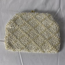 Vintage Beaded Evening Bag Kiss Lock Small Purse White w Gold Chain Hong Kong