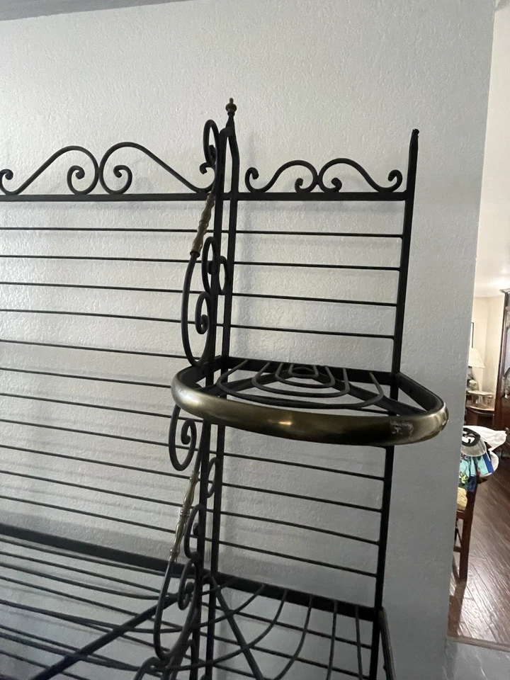 Vintage French Bakers Rack 3 Tier Scrolling Wrought Iron and Brass Etagere - Image 4 of 4