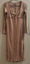 Old Navy Brown Fitted Long-Sleeve Heathered Rib-Knit Twist Front Midi Medium