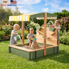 Kids Wooden Sandbox with Canopy Cover Sand Play Accessories FREE SHIPPING US..