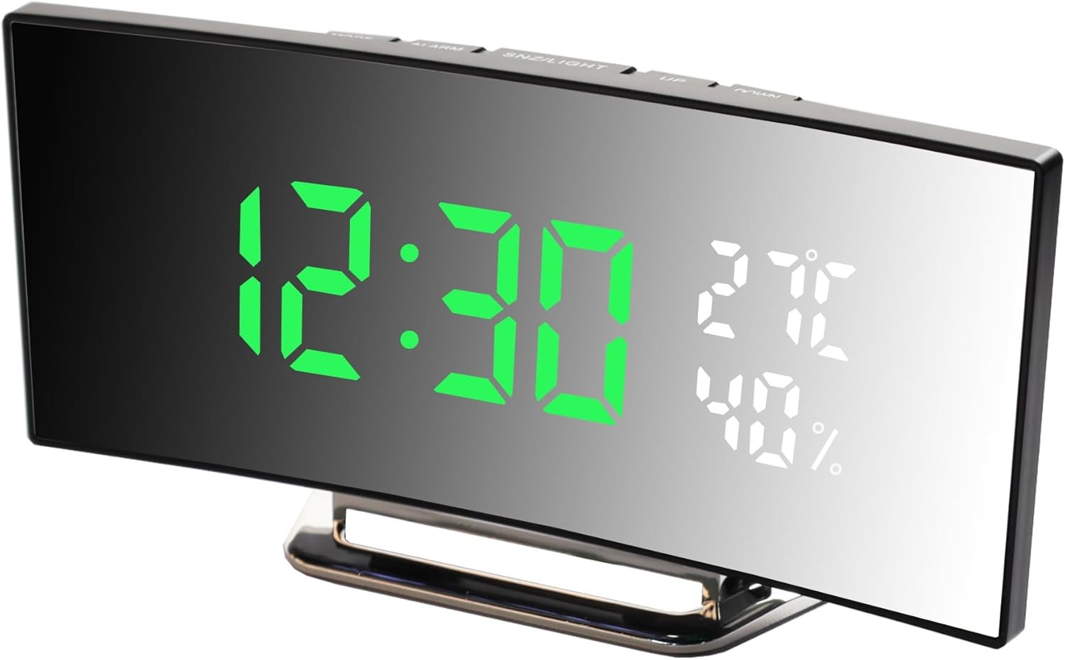 Curved Mirror Screen Time Temp Humidity Display Snooze Funct