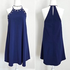 Amanda Uprichard Halter Mini Dress XS Old Money Quiet Luxury Navy Gold Grommet‎