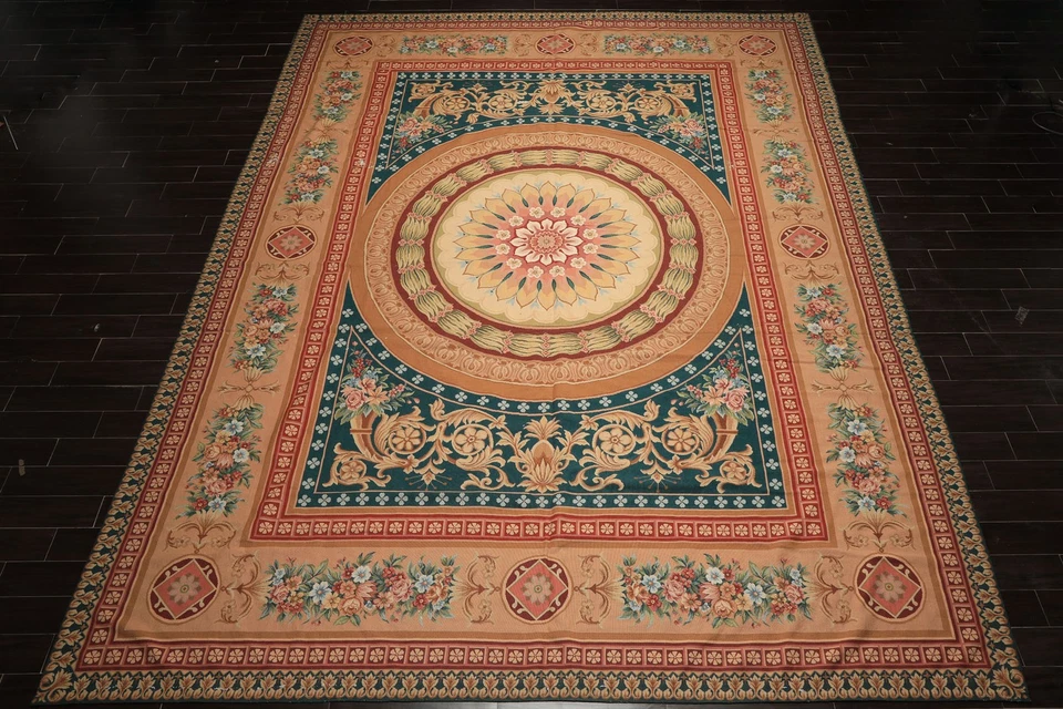 Alfombra de punta de aguja Aubusson francesa tejida a mano de lana verde azulado tejido plano 11'9''x15'8"" Foto 2 de 4