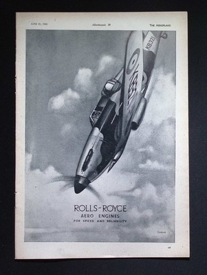 Original Werbung 1940 - Rolls-Royce Aero Engines - ''For Speed and Reliability''
