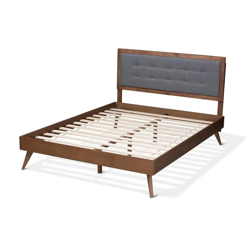 Cama con plataforma king Baxton Studio Ines Mid-Century de madera y tela en gris oscuro Foto 3 de 4