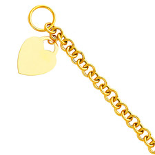 14K Solid Yellow Gold Rolo Bracelet Heart Charm 7.5" Engravable 9 gr Women Gift