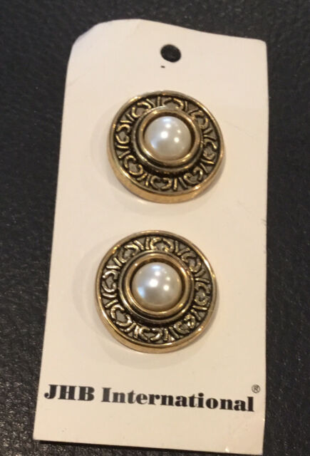 2 Lovely Vintage 1” Round Gold With Faux Pearl Center Plastic Button