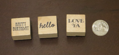 Lot of 3 1  Wood Mount Rubber Stamps Open Box ''Hello'' ''Love Ya'' ''Happy Birthday''