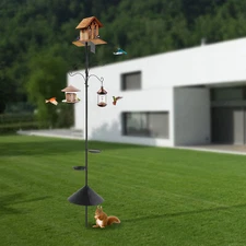 Bird Feeder Pole w/4*Hooks&2*Food Trays Black Floor-mounted Bird Feeder Pole New