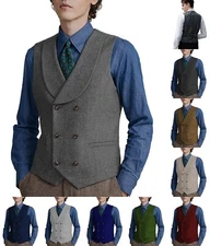 Shawl lapel Waistcoats Mens Double-breasted Tweed Vests Herringbone Wedding Wool