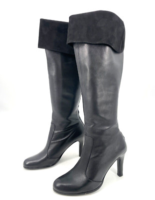 RALPH LAUREN women 7 B Black Beatrice Leather Knee High Boots zip heel fold over