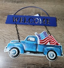 PATRIOTIC METAL BLUE PICKUP TRUCK W/ USA FLAG WELCOME SIGN WALL DOOR