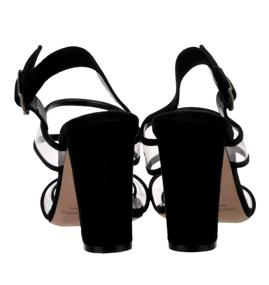 Sandálias de salto MANOLO BLAHNIK 40 EUA 9,5 Khan preto camurça e PVC USADAS 1X - Imagem 4 de 4
