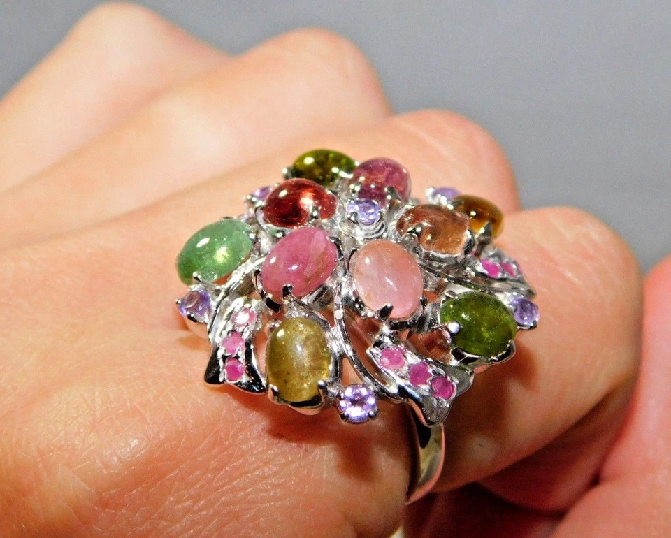 Grande Gruppo di Fiori Argento Sterling Ruby Tormalina Gatto Occhio Beige Anello - Immagine 4 di 4