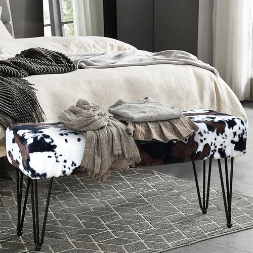 Cow Print Vanity Stool Chair Soft Faux Fur Chair Makeup Stool with 4 Metal Legs - Picture 66 of 74