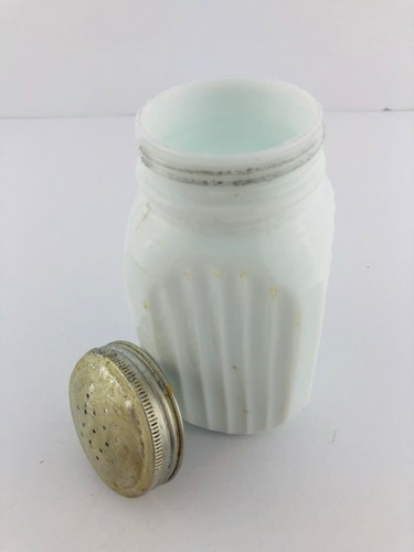 Vintage White Ribbed Glass Shaker - Original Metal Lid - Picture 7 of 8