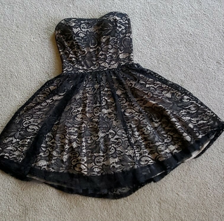 HOLIDAY PARTY DRESS - Strapless Black Lace & Nude Mini Dress - Small | eBay