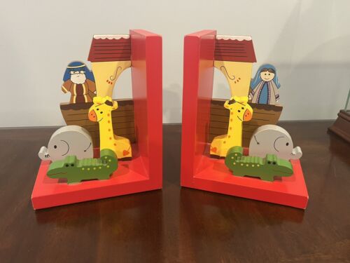 Noah’s Ark Bookends Hand Crafted Wood Red Ark & Animals by Orange Tree Toys - Picture 1 of 11