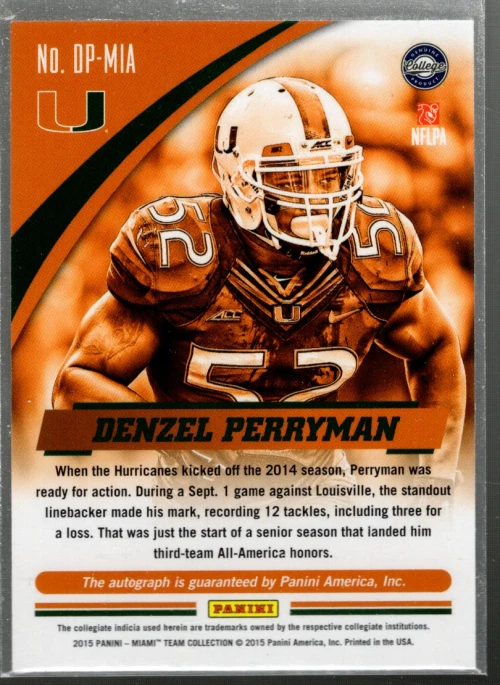 A3862- 2015 Panini Miami Autographs Silver #103 Denzel Perryman Auto /99 SAMPLE - Image 2 of 2