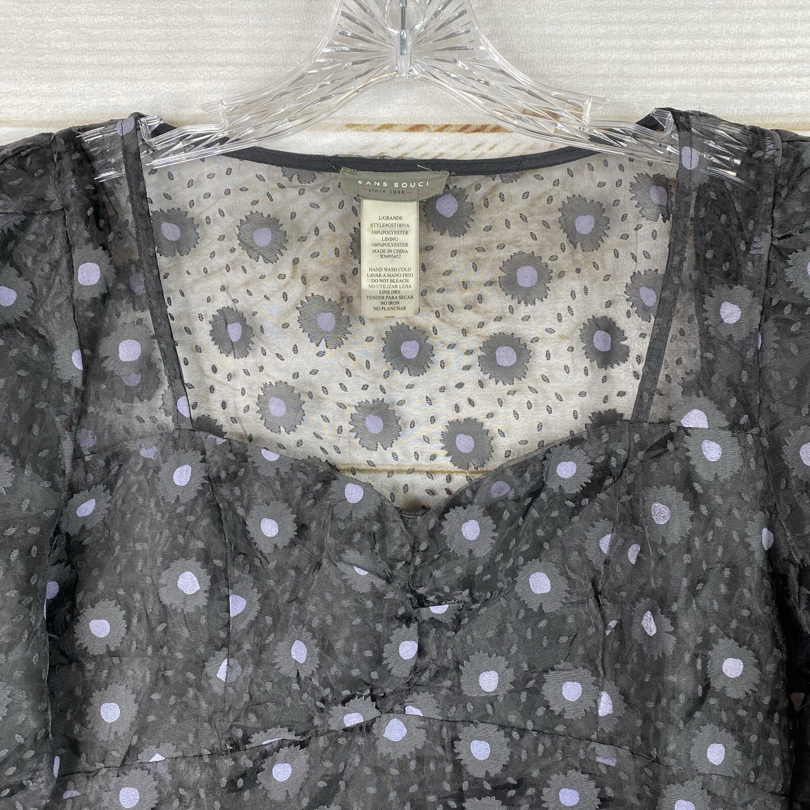 Sans Souci Blouse Womens L Black Floral Sheer Overlay Lined Crop Top Side Zip