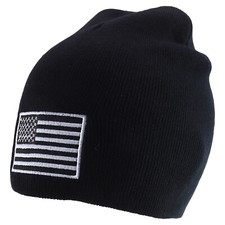 USA Subdued Grey American Flag Embroidered SHORT Beanie Hat