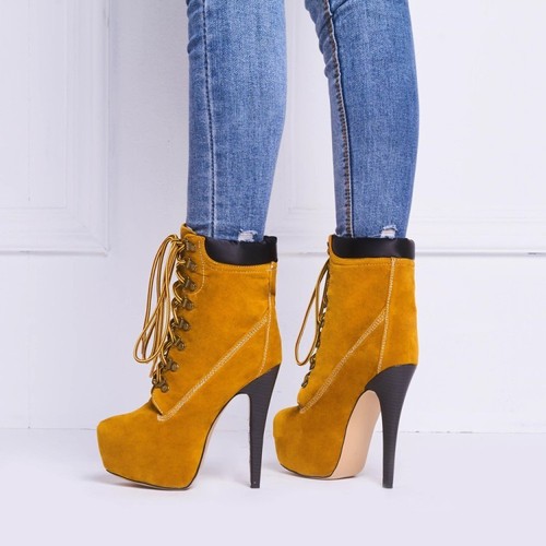 yellow Intention New Women's Brown Boots Round Toe Thin High Heels Suede Shoes - Picture 8 of 9
