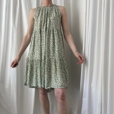 Green sleeveless ditsy floral frill neck tiered smock midi summer dress s 8/10