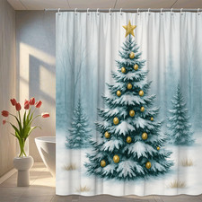 Christmas Tree Shower Curtain with Gold Ornaments and Snow