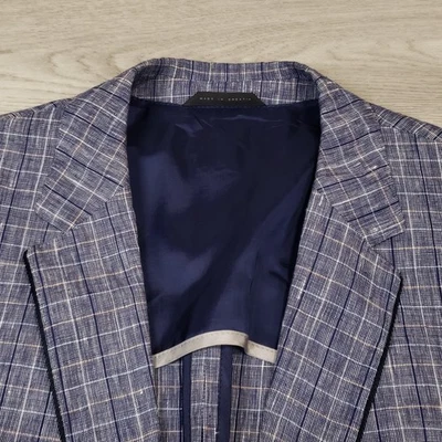 Hugo Boss Pure Linen Blazer Mens 42R Slim Fit Blue Plaid Two Button Double Vent - Image 1 of 4