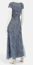 Adrianna Papell Women's Blue Short Sleeve Beaded Sequin Gown Dress Size 4
