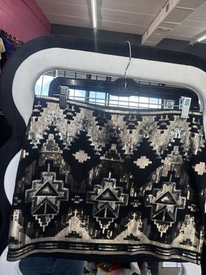 Express Black/Silver Geometric Sequin Knit Mini Skirt Zip Party Size M