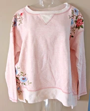 Sundance Flower Embroidered Pink Heather Sweatshirt Ivory Contrast SZ XL Terry