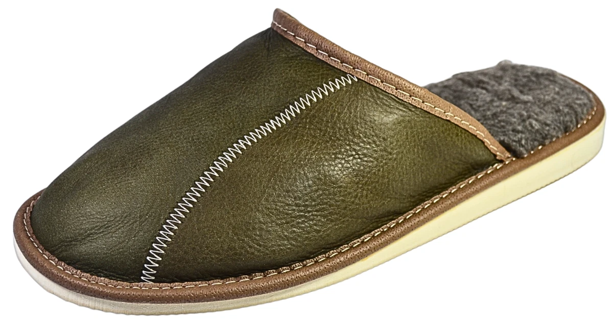 Herren Leder Hausschuhe Schlappen Olive Lammwolle Pantoffeln Latschen Gr. 40-47
