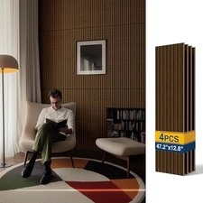 4PCS Acoustic Wood Slat Wall Panels, 47.2" x 12.8" Soundproof Brunette Walnut