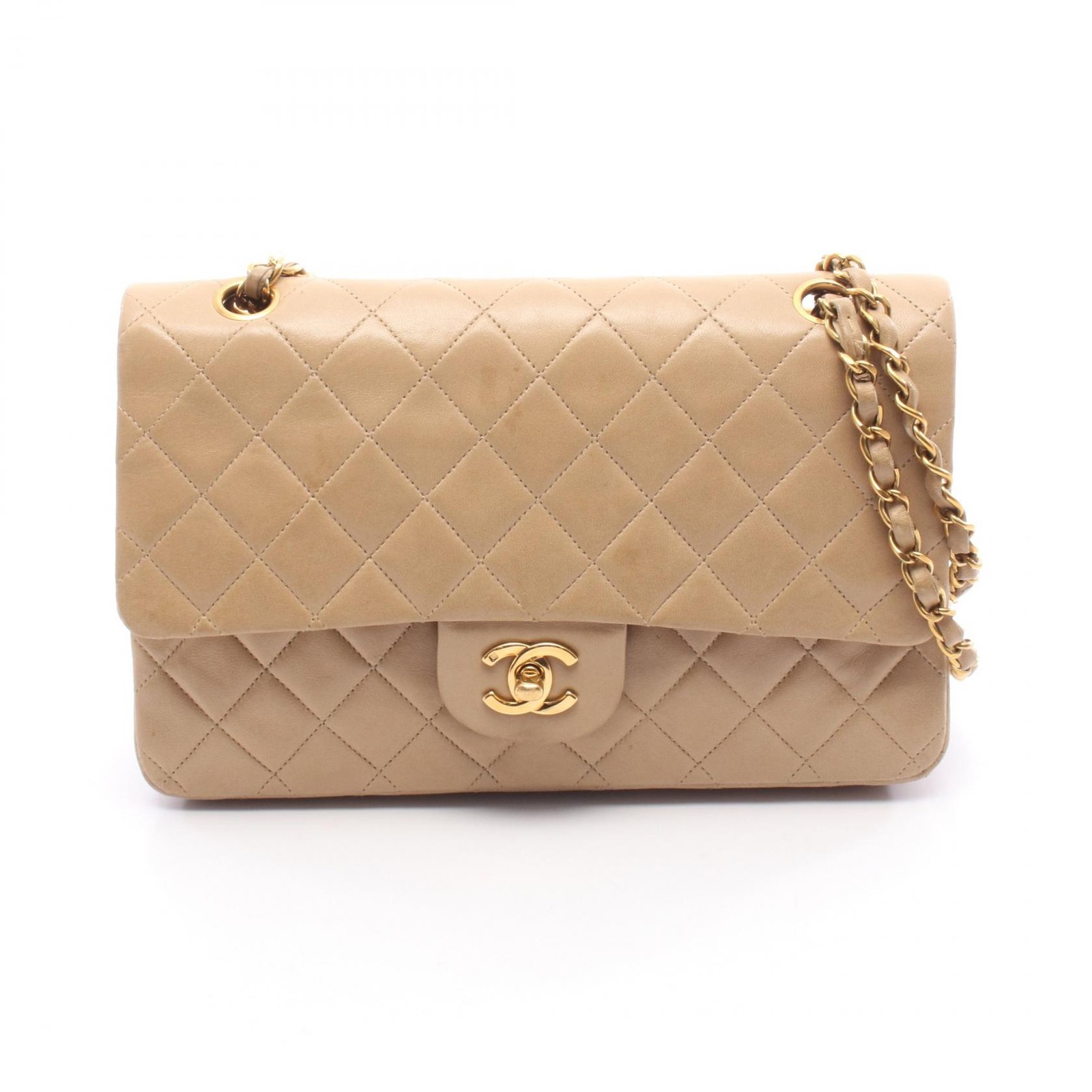 CHANEL Matelasse W flap chain Shoulder hand Bag Lambskin Beige Used GHW