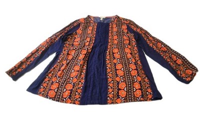 Matilda Jane Womens Large Floral Tunic Blouse Boho Blue Orange Long Sleeve Lace