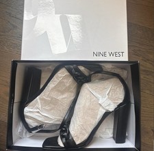 Nine West Black Chain Block Heel Strappy Sandals Ankle Strap Buckle Size 8M