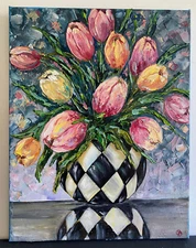 ORIGINAL OIL Painting TULIPS IN VASE impasto 14"x 11" by Olga Diduh.