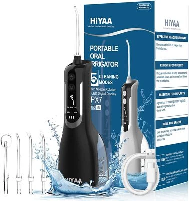HIYAA 5 Mode Rechargeable Portable Oral Irrigator Water Flosser - Black/White