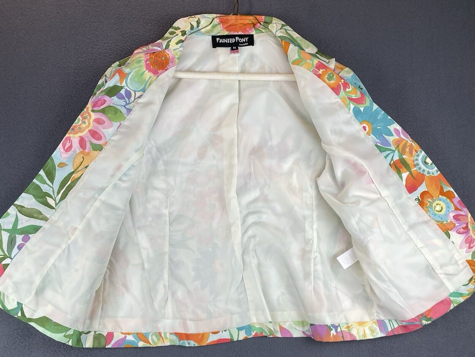 Giacca vintage dipinta pony floreale taglia M colorata foderata aperta colletto anteriore elegante usata in ottime condizioni