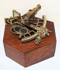 Antique Brass Sextant with Wooden Case-Nautical Navigation Instrument