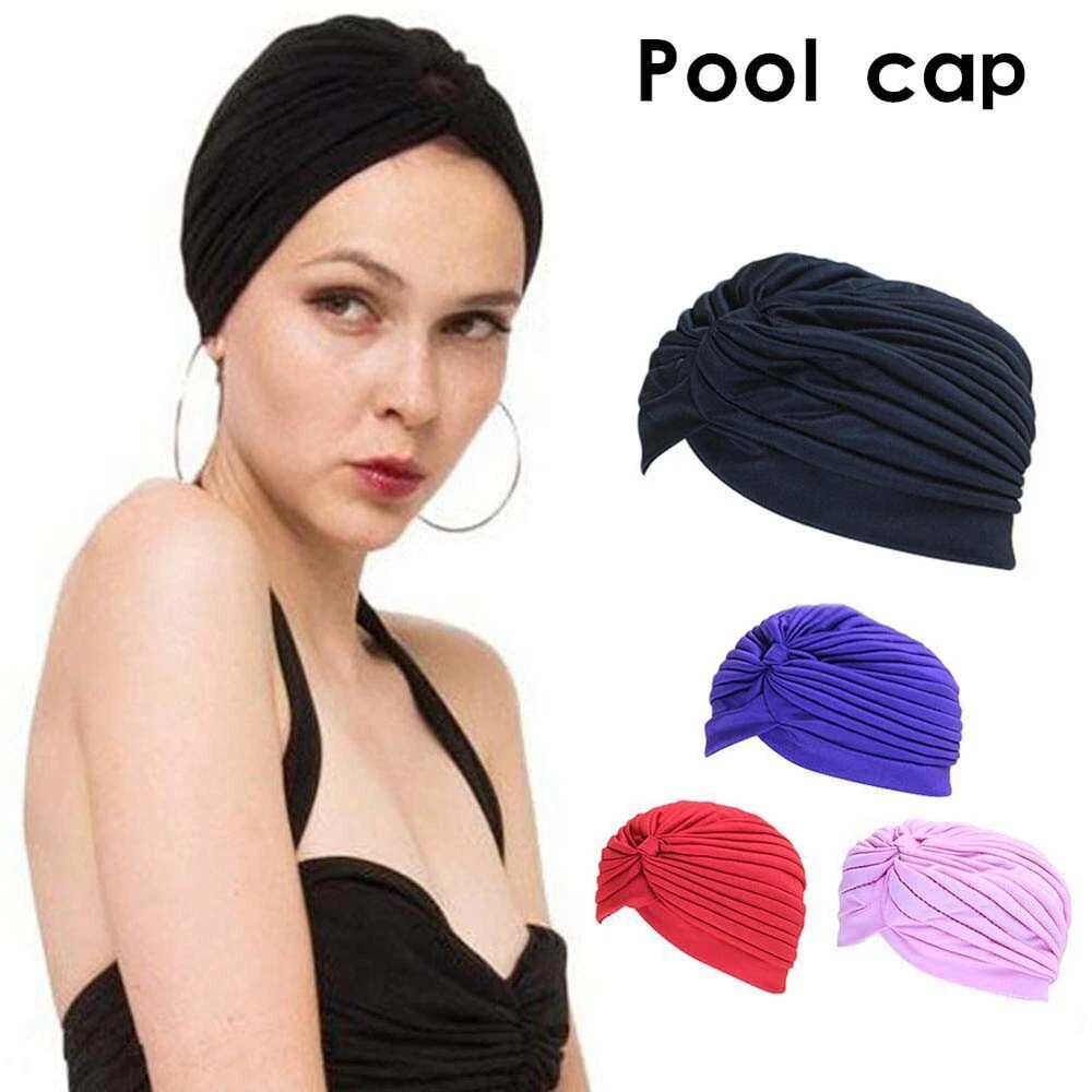 Women Bathing Hat Protect Long Hair Ears Turban Pleated Fabric Headwear Yoga Cap