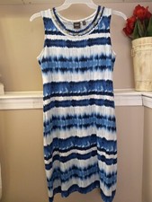 Rafaella Women Blue Tyedye Cotton Dress With Stud Neckline Design Size Medium