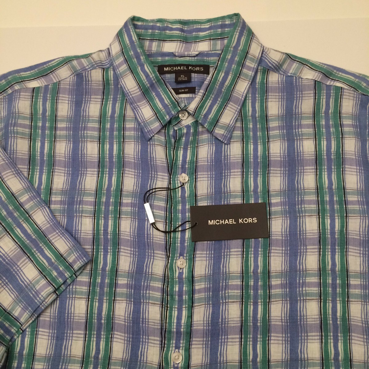 Michael Kors Plaid Linen Shirt Amazon Green Slim Fit Short Sleeve Men XL |  eBay