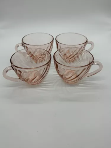 Vintage Arcoroc France Glassware Rosaline Pink Swirl Tea Coffee Cups Set Of 4